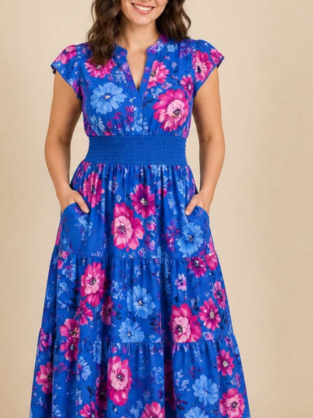 PRETTYGARDEN Royal Blue Floral Tiered Maxi Dress L #9